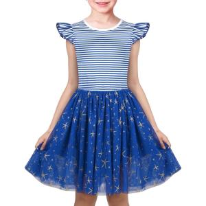 Sunny Fashion Girls Dress Purple Short Sleeve Rainbow Tulle Skirt Birthday Party(Blue Striped)