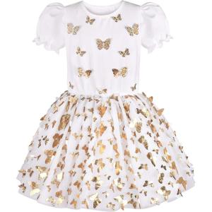 Sunny Fashion Girls Dress Purple Short Sleeve Rainbow Tulle Skirt Birthday Party(Gold)