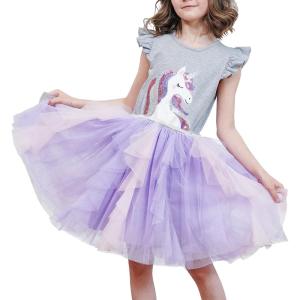Sunny Fashion Girls Dress Purple Short Sleeve Rainbow Tulle Skirt Birthday Party(Grey Unicorn)