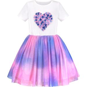 Sunny Fashion Girls Dress Purple Short Sleeve Rainbow Tulle Skirt Birthday Party(Purple Heart)