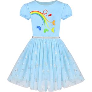 Sunny Fashion Girls Dress Purple Short Sleeve Rainbow Tulle Skirt Birthday Party(Sky Blue)