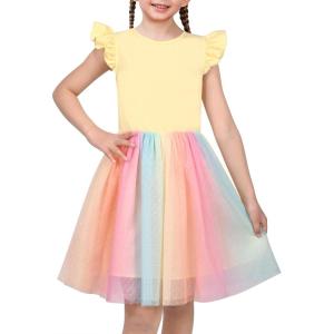 Sunny Fashion Girls Dress Purple Short Sleeve Rainbow Tulle Skirt Birthday Party(Yellow Rainbow)