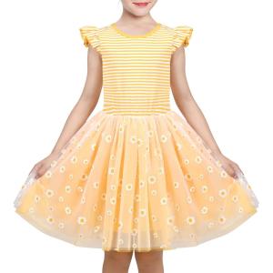 Sunny Fashion Girls Dress Purple Short Sleeve Rainbow Tulle Skirt Birthday Party(Yellow Striped)