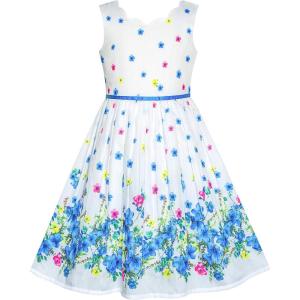 Sunny Fashion Girls Dress Purple Sunflower Green Leaves Butterfly Size 4-12(Blue and White)