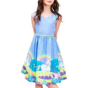 Sunny Fashion Girls Dress Purple Sunflower Green Leaves Butterfly Size 4-12(Bluish Purple Unicorn)