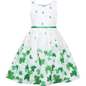 Sunny Fashion Girls Dress Purple Sunflower Green Leaves Butterfly Size 4-12(Green Four Leaf)