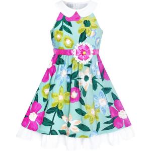 Sunny Fashion Girls Dress Purple Sunflower Green Leaves Butterfly Size 4-12(Green Leaves)