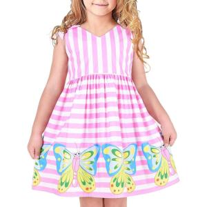 Sunny Fashion Girls Dress Purple Sunflower Green Leaves Butterfly Size 4-12(Pink Striped)