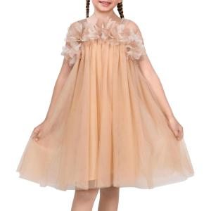 Sunny Fashion Girls Dress Sleeveless Halter Flower Multi Layer Chiffon(Beige 3d Floral)