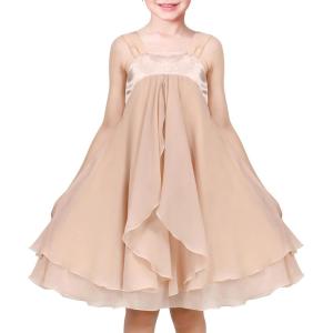 Sunny Fashion Girls Dress Sleeveless Halter Flower Multi Layer Chiffon(Beige)
