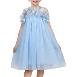 Sunny Fashion Girls Dress Sleeveless Halter Flower Multi Layer Chiffon(Blue 3d Floral)