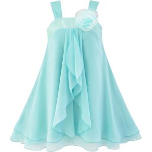 Sunny Fashion Girls Dress Sleeveless Halter Flower Multi Layer Chiffon(Light Cyan)