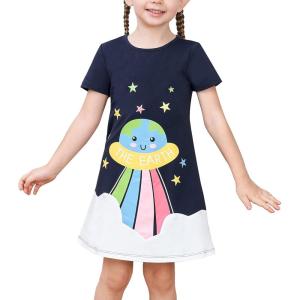 Sunny Fashion Girls Dress T-Shirt Cotton Bird Embroidered Short Sleeve Size 2-6(Blue)