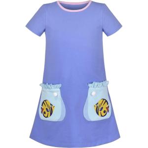 Sunny Fashion Girls Dress T-Shirt Cotton Bird Embroidered Short Sleeve Size 2-6(Blue Fish)
