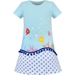Sunny Fashion Girls Dress T-Shirt Cotton Bird Embroidered Short Sleeve Size 2-6(Blue Fish Dot)