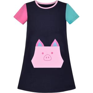 Sunny Fashion Girls Dress T-Shirt Cotton Bird Embroidered Short Sleeve Size 2-6(Blue Piggy)