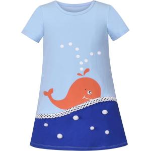 Sunny Fashion Girls Dress T-Shirt Cotton Bird Embroidered Short Sleeve Size 2-6(Blue Whale)