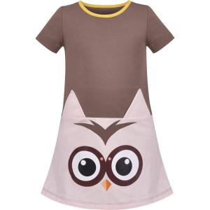 Sunny Fashion Girls Dress T-Shirt Cotton Bird Embroidered Short Sleeve Size 2-6(Brown Owl)