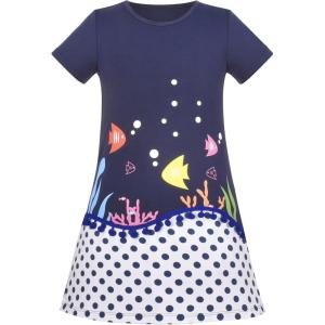 Sunny Fashion Girls Dress T-Shirt Cotton Bird Embroidered Short Sleeve Size 2-6(Dark Blue Fish)