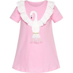 Sunny Fashion Girls Dress T-Shirt Cotton Bird Embroidered Short Sleeve Size 2-6(Pink)