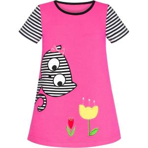 Sunny Fashion Girls Dress T-Shirt Cotton Bird Embroidered Short Sleeve Size 2-6(Pink Cat)