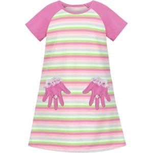 Sunny Fashion Girls Dress T-Shirt Cotton Bird Embroidered Short Sleeve Size 2-6(Pink Green Striped)