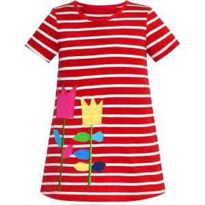 Sunny Fashion Girls Dress T-Shirt Cotton Bird Embroidered Short Sleeve Size 2-6(Red)