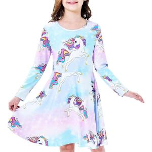 Sunny Fashion Girls Dress Unicorn Rainbow Long Sleeve Casual Dress Size 3-8(Blue)