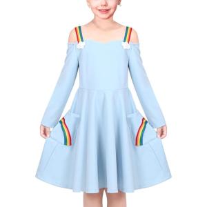 Sunny Fashion Girls Dress Unicorn Rainbow Long Sleeve Casual Dress Size 3-8(Blue Rainbow Cloud)