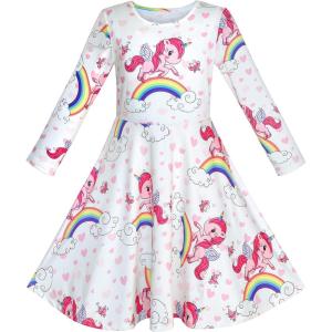 Sunny Fashion Girls Dress Unicorn Rainbow Long Sleeve Casual Dress Size 3-8(White)