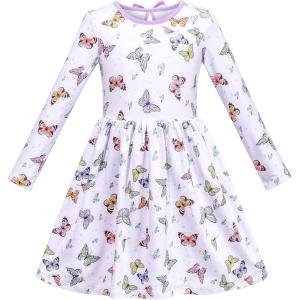 Sunny Fashion Girls Dress Unicorn Rainbow Long Sleeve Casual Dress Size 3-8(White Butterfly)