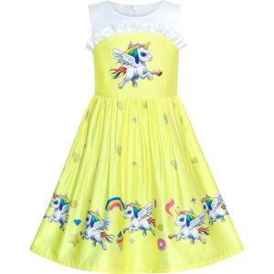 Sunny Fashion Girls Dress Yellow Unicorn Print Birthday Party Size 3-10