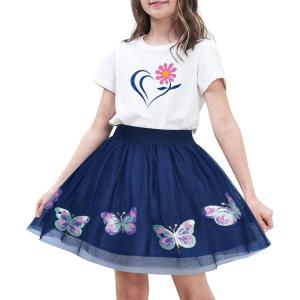 Sunny Fashion Girls Gray 2 Piece Shirt Butterfly Multicolor Rainbow Floral Skirt(Blue)
