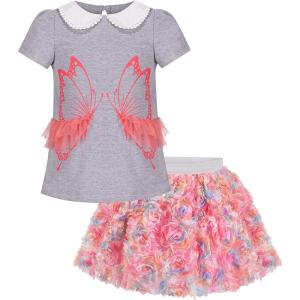 Sunny Fashion Girls Gray 2 Piece Shirt Butterfly Multicolor Rainbow Floral Skirt(Gray)
