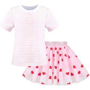 Sunny Fashion Girls Gray 2 Piece Shirt Butterfly Multicolor Rainbow Floral Skirt(Pink Heart)
