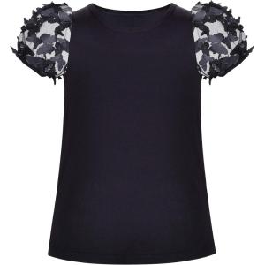 Sunny Fashion Girls Short Sleeve Tee T-Shirt Butterfly Sleeve Cotton Casual(Black)