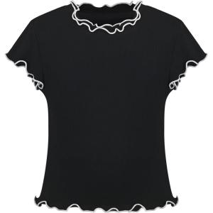 Sunny Fashion Girls Short Sleeve Tee T-Shirt Butterfly Sleeve Cotton Casual(Black Lettuce Trim)