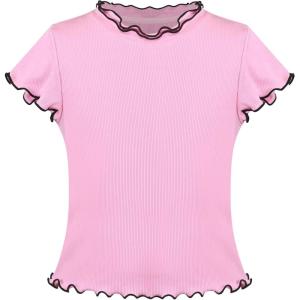 Sunny Fashion Girls Short Sleeve Tee T-Shirt Butterfly Sleeve Cotton Casual(Pink Lettuce Trim)