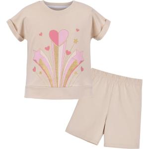 Sunny Fashion Girls T-Shirt Top Short Pants Gym Active White Gray Heart(Beige)