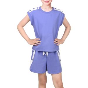 Sunny Fashion Girls T-Shirt Top Short Pants Gym Active White Gray Heart(Blue)