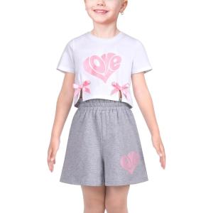 Sunny Fashion Girls T-Shirt Top Short Pants Gym Active White Gray Heart(Gray)