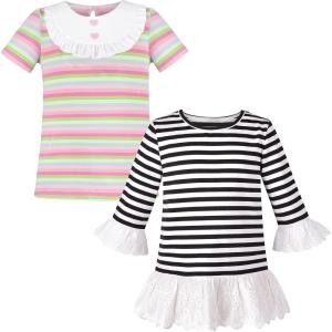 Sunny Fashion Girls Tee 2pc Pack Rainbow Ruffle Stripe Casual Short Flutter Sleeve(Rainbow)