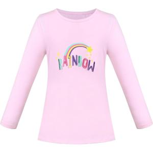 Sunny Fashion Girls White Long Sleeve T-Shirt Top Rainbow Sequins Letter Star(Pink)