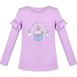 Sunny Fashion Girls White Long Sleeve T-Shirt Top Rainbow Sequins Letter Star(Purple)