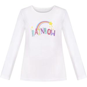 Sunny Fashion Girls White Long Sleeve T-Shirt Top Rainbow Sequins Letter Star(White)
