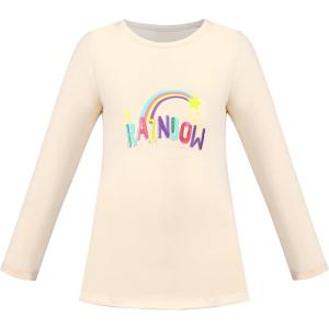 Sunny Fashion Girls White Long Sleeve T-Shirt Top Rainbow Sequins Letter Star(Yellow)