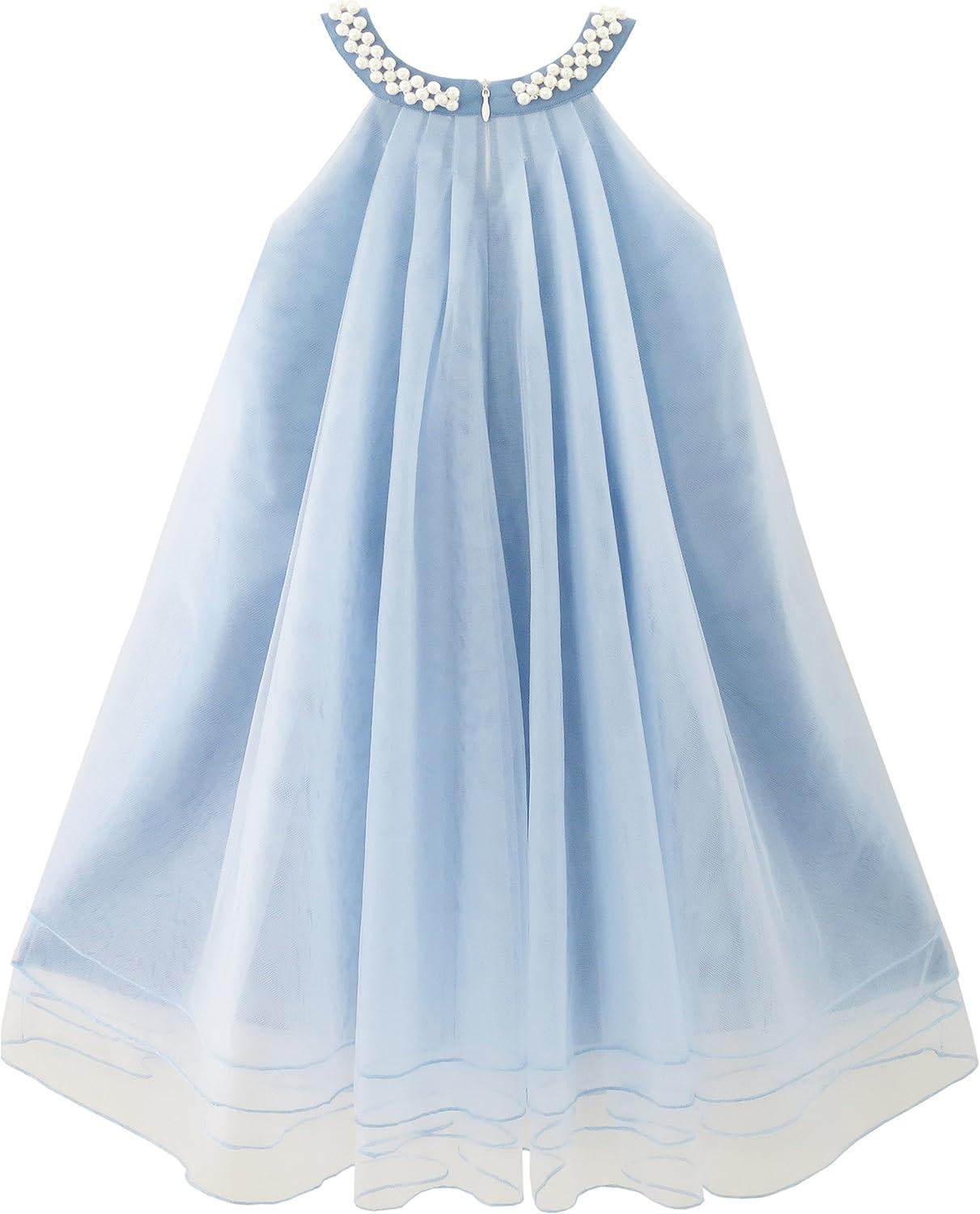 imageSunny Fashion Flower Girls Dress Halter Dress Pearl Party Wedding BirthdayLight Steel Blue