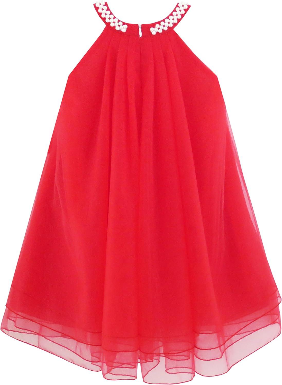 imageSunny Fashion Flower Girls Dress Halter Dress Pearl Party Wedding BirthdayRed