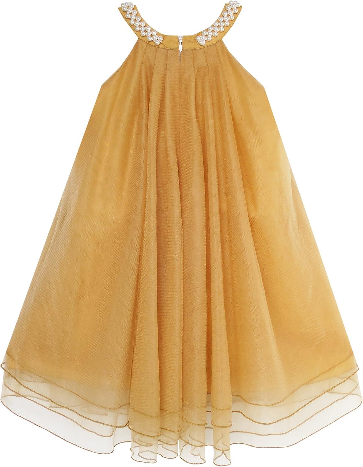 imageSunny Fashion Flower Girls Dress Halter Dress Pearl Party Wedding BirthdayWheat Yellow