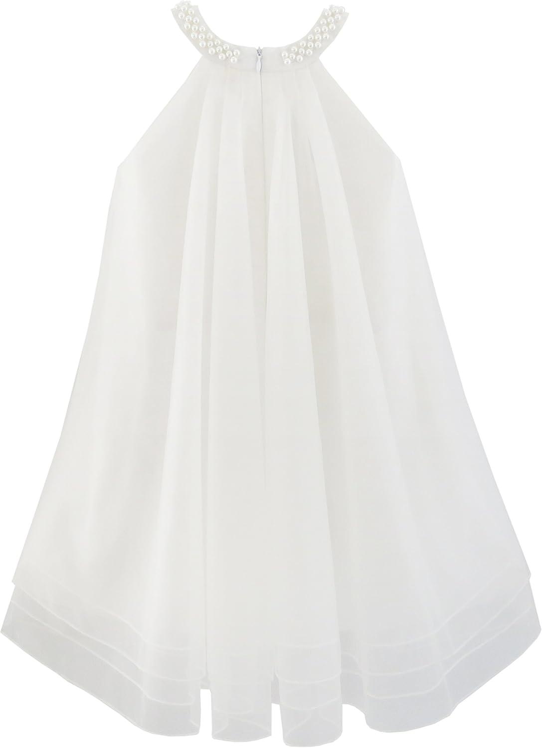 imageSunny Fashion Flower Girls Dress Halter Dress Pearl Party Wedding BirthdayWhite